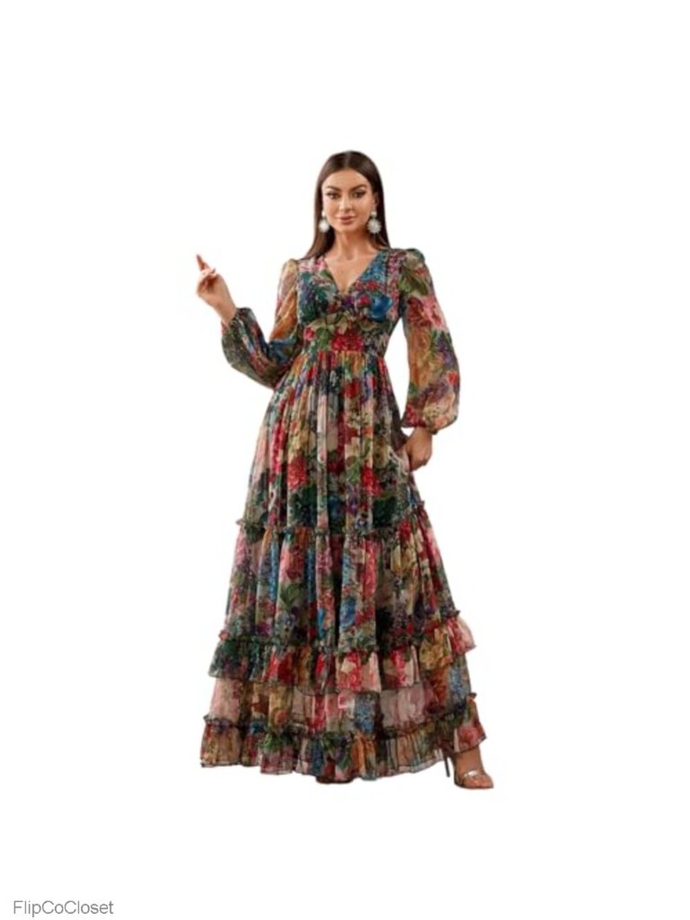 Womens Floral Print Maxi Dress Long Sleeve Casual Elegant Cocktail Boho